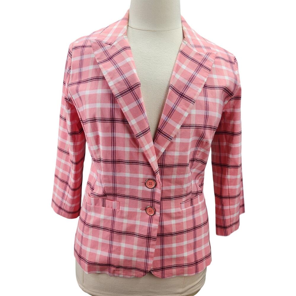 NWT Ashley Stewart Blazer Women 12 Pink Plaid Stretch Button Jacket Work Career - Picture 2 of 12